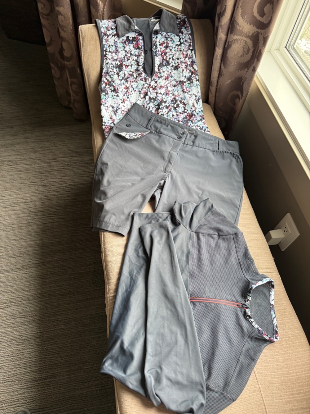 Lija Women's Gray Floral Golf Top Shorts Set 3 pcs 1/4 zip Bermuda tank shorts